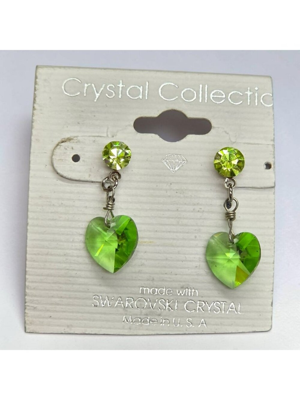 Crystal Collection Green Heart Swarovski Crystal Dangle Earrings Made In USA